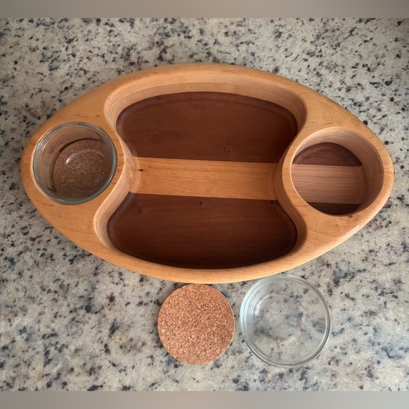 Super Bowl Cherry Wood VTG Football Serving Tray w/Glass Inserts Wooden knot - Picture 2 of 3